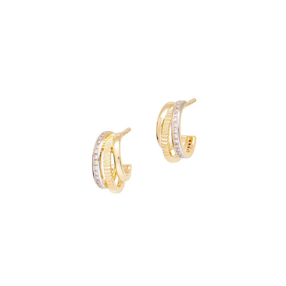 Diamond Triple Huggie Mixed Gold Studs White and Yellow Gold