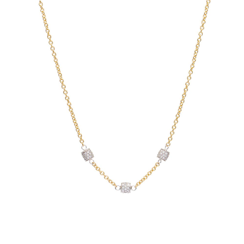 Pave Diamond 3 Barrel Station Necklace White and Yellow Gold