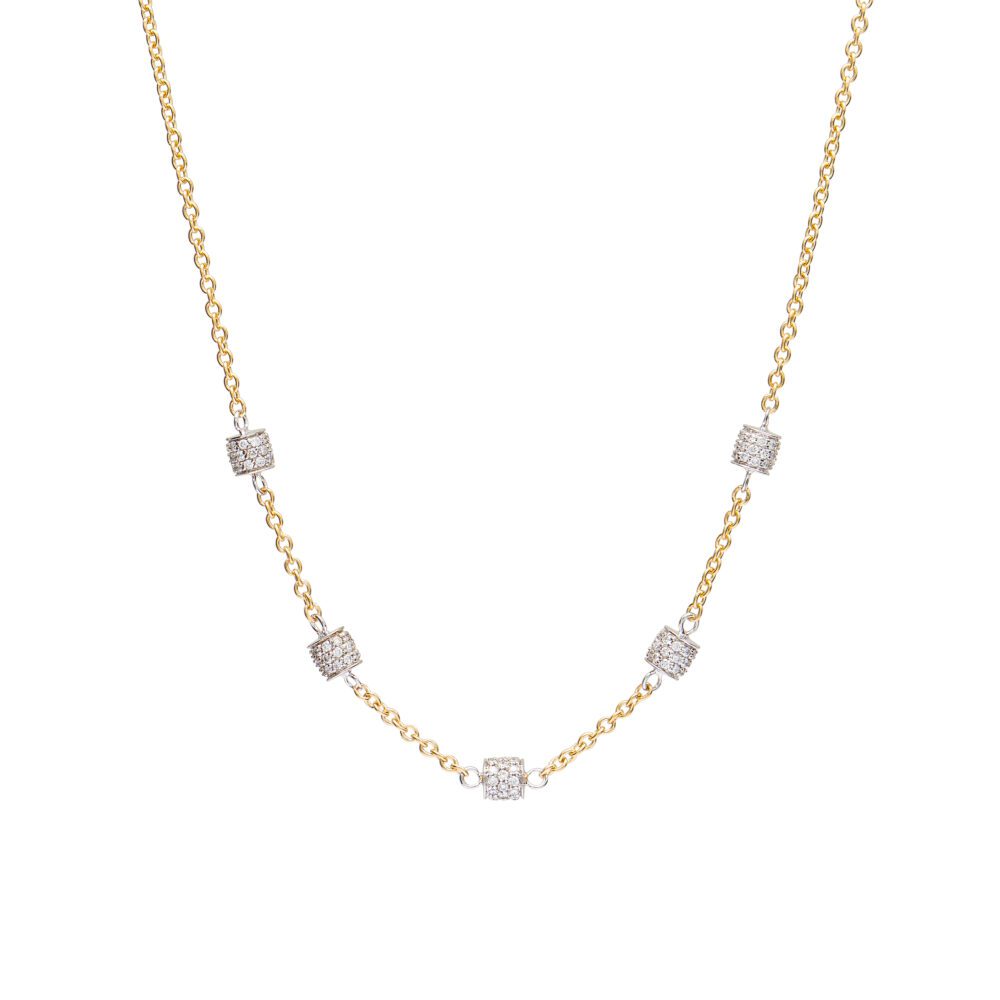 Pave Diamond 5 Barrel Station Necklace White and Yellow Gold