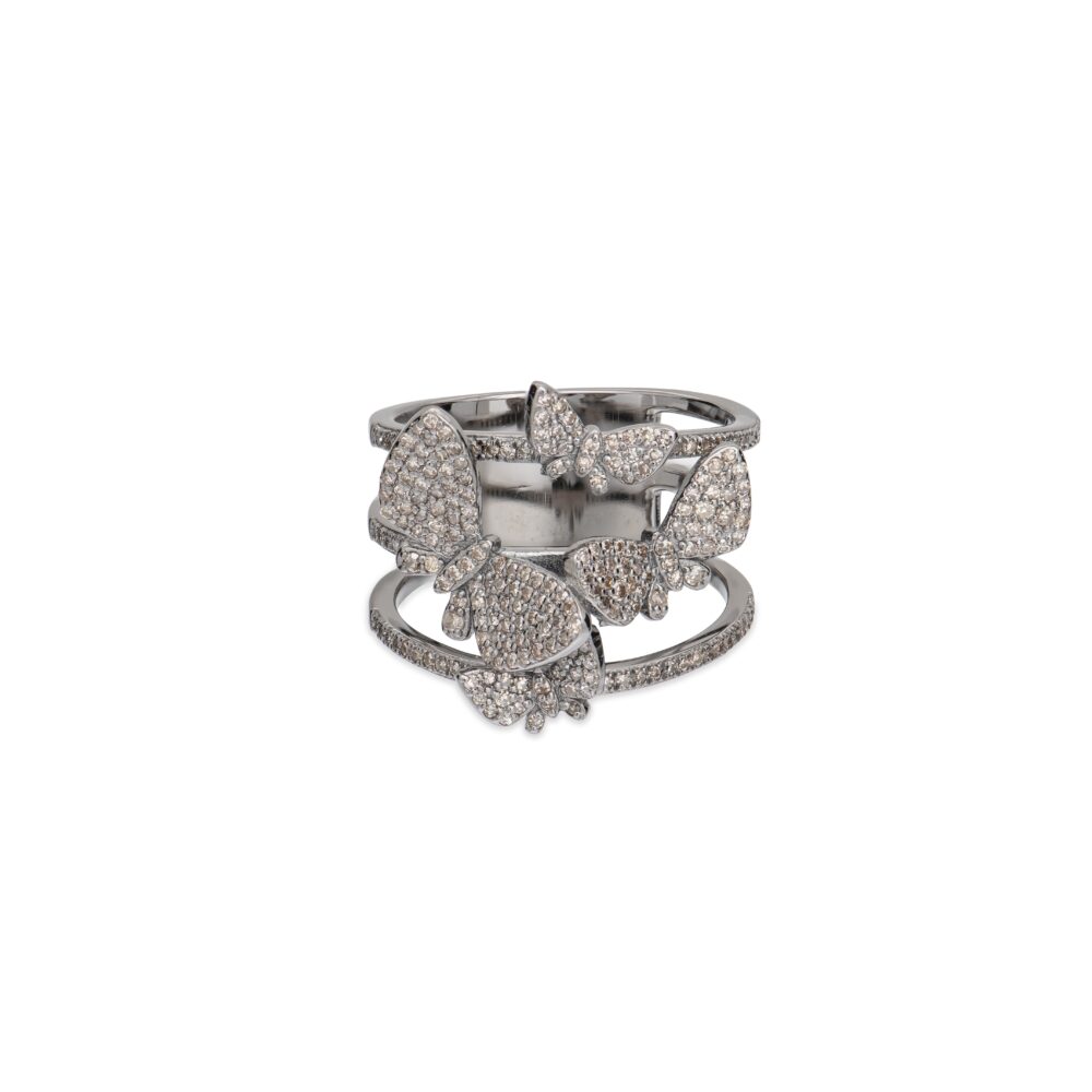 Diamond Multi Butterflies Double Band Ring Sterling Silver